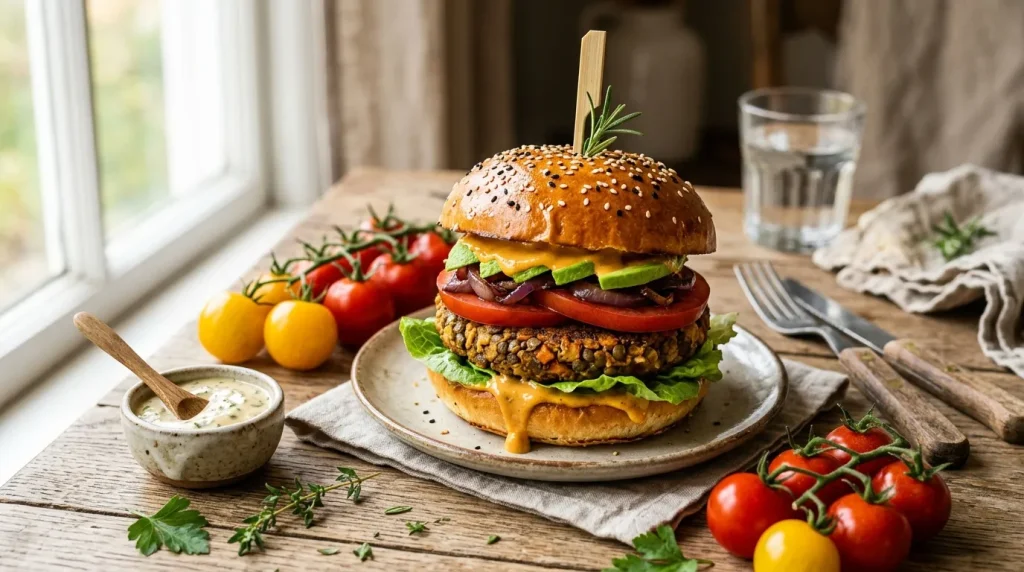 Burger végétal garni de tomate, fromage et salade fraîche