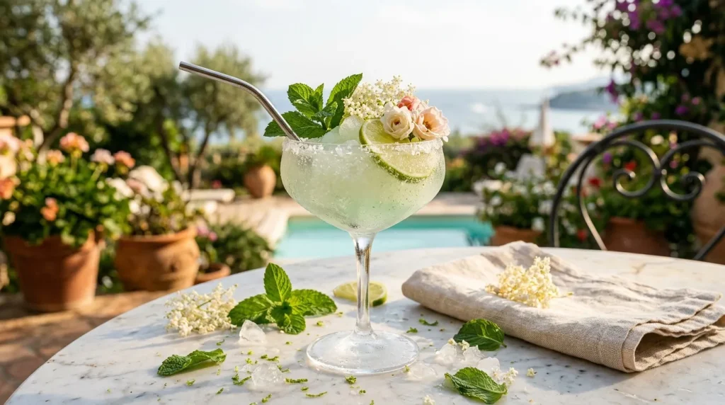 Verre de cocktail blanc garni de fleurs fraîches et menthe
