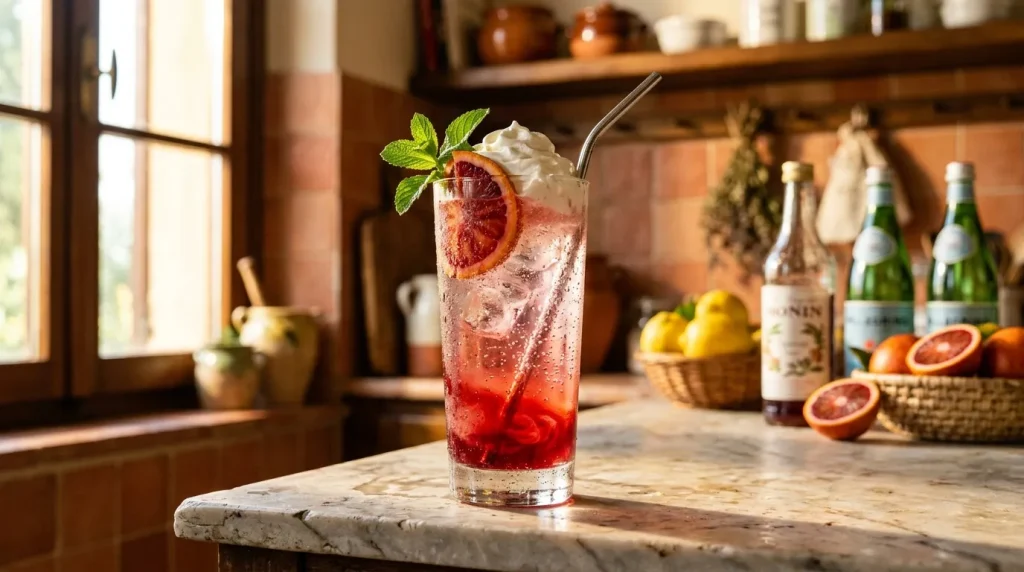 Verre de cocktail rouge garnI menthe et orange sanguine