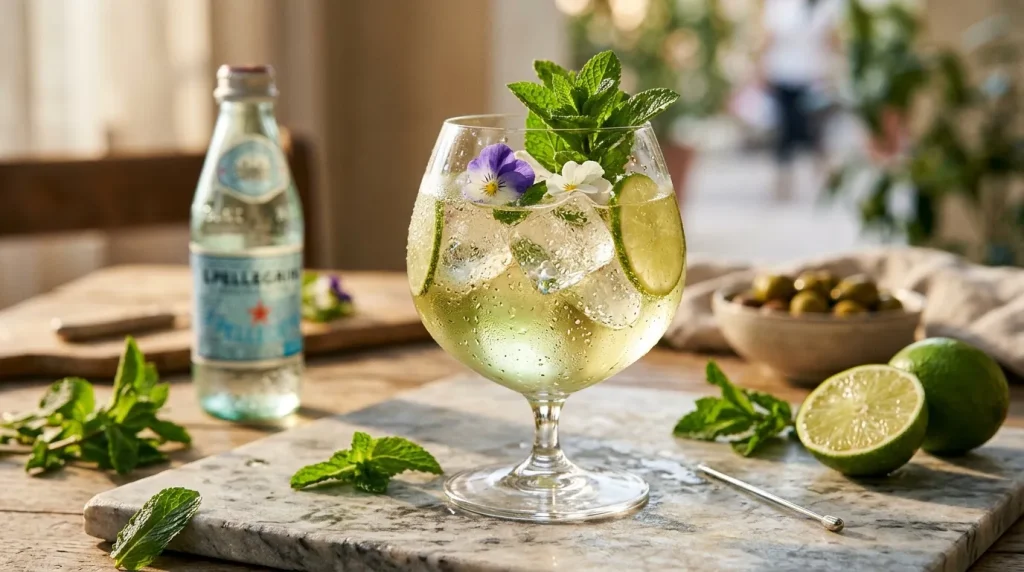 Verre de cocktail clair garni menthe, fleurs et tranche citron vert