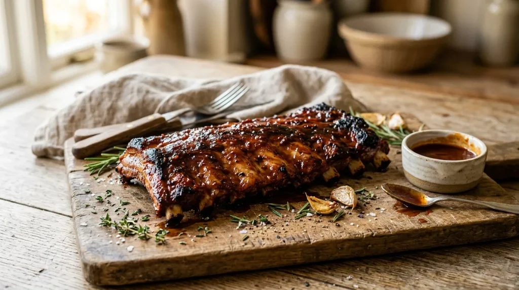 Viande grillée sur planche bois, sauce, herbes aromatiques