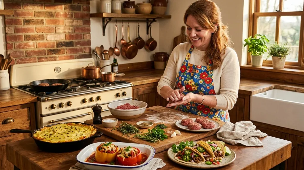 Femme prépare viande hachée dans cuisine rustique chaleureuse