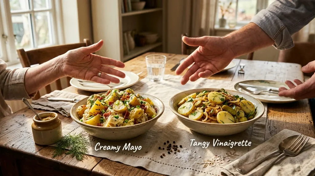 Deux personnes comparent deux salades de pommes de terre différentes à table