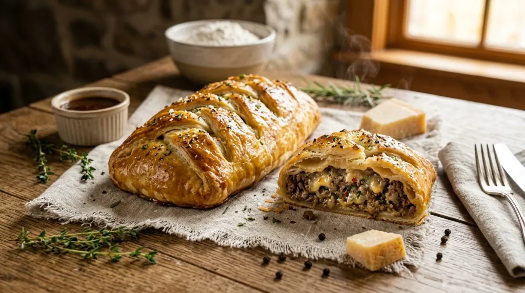 Deux feuilletés dorés farcis à la viande, garnish herbes.