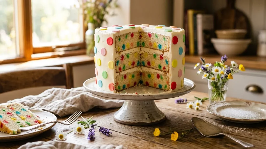 Gâteau trois étages blanc avec pois colorés et fleurs fraîches