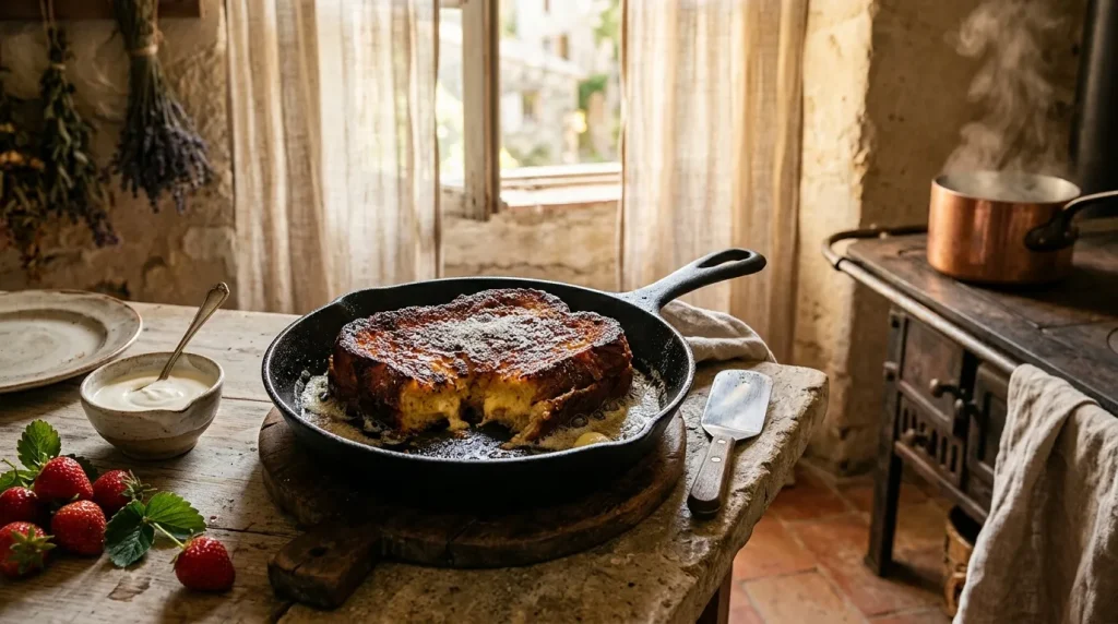 Gâteau sucré cuit à la poêle sur table rustique
