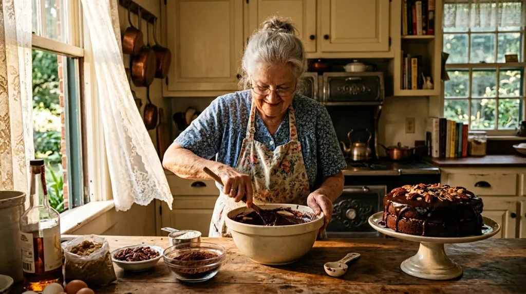 Femme âgée cuisinant un gâteau chocolat dans une cuisine lumineuse
