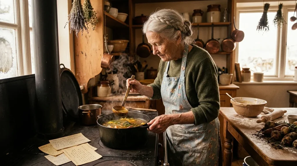 Femme âgée cuisinant à l'ancienne dans sa cuisine rustique