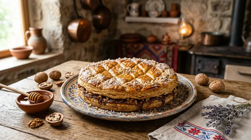 Gâteau feuilleté aux noix et miel sur assiette décorée
