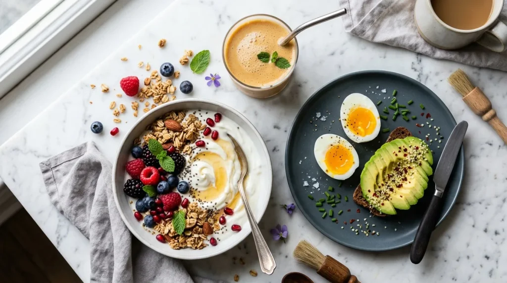 Petit-déjeuner avec granola, œufs, avocat et smoothie