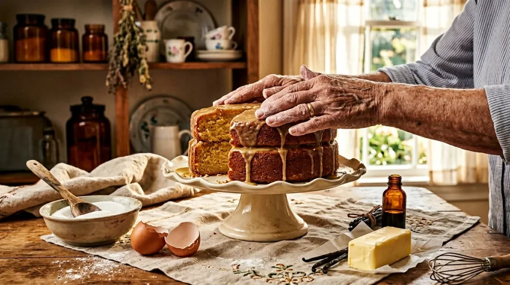 Mains âgées glaçant un gâteau fait maison en cuisine