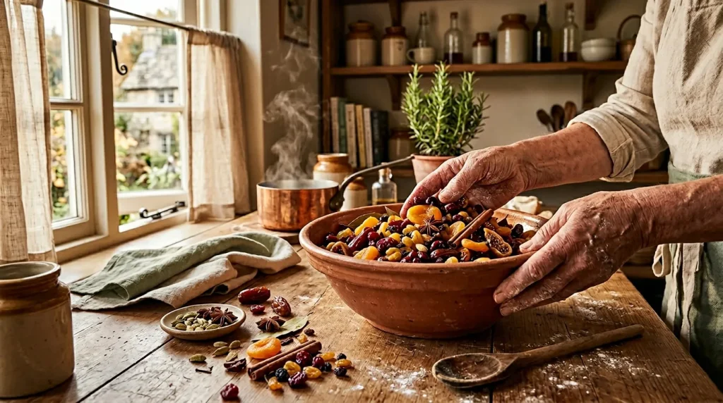 Mains préparant fruits secs et épices dans cuisine rustique