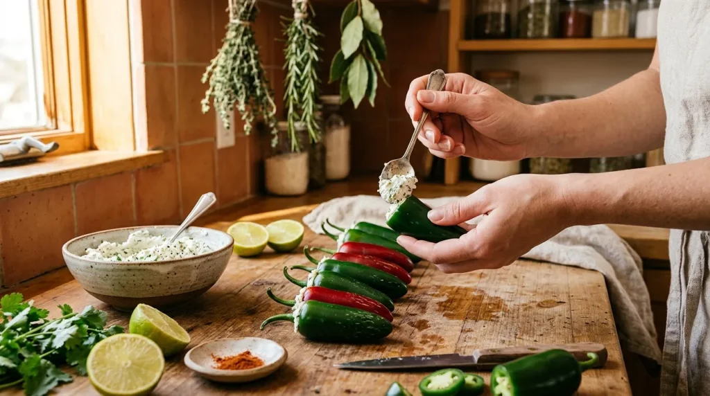 Mains garnissant des piments avec fromage frais en cuisine