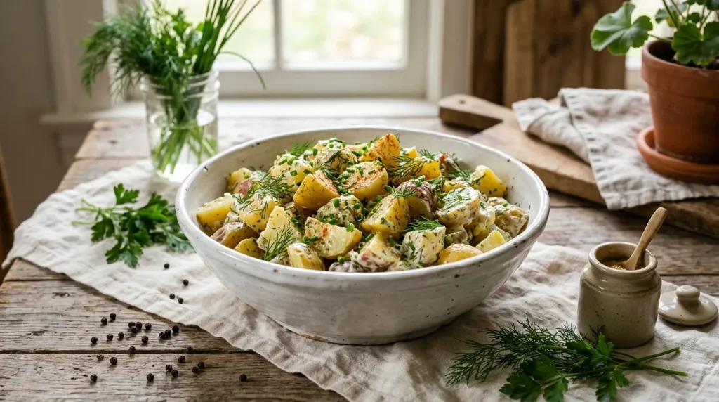 Salade de pommes de terre fraîches garnies d'herbes vertes