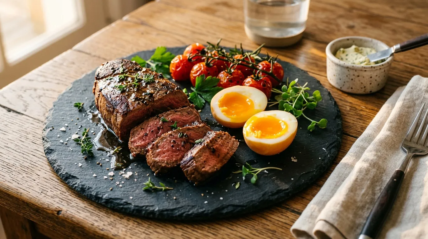 Assiette de steak rosé, œufs et tomates rôties
