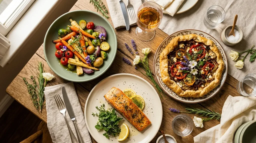 Trois assiettes de cuisine gastronomique avec légumes, poisson et tarte.