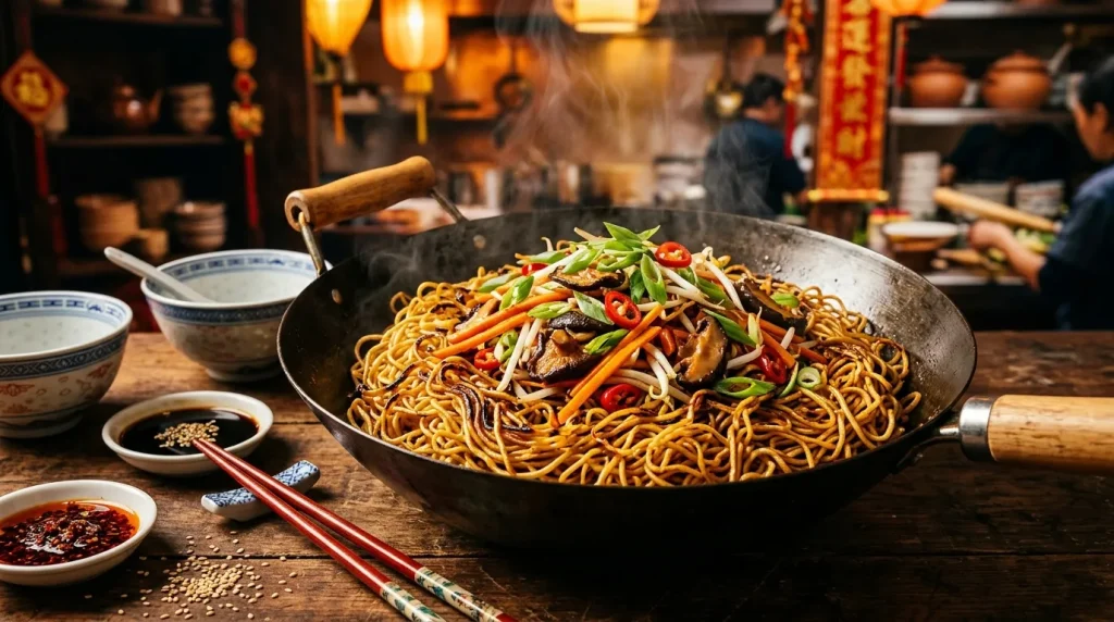 Nouilles sautées dans un wok avec légumes et sauce