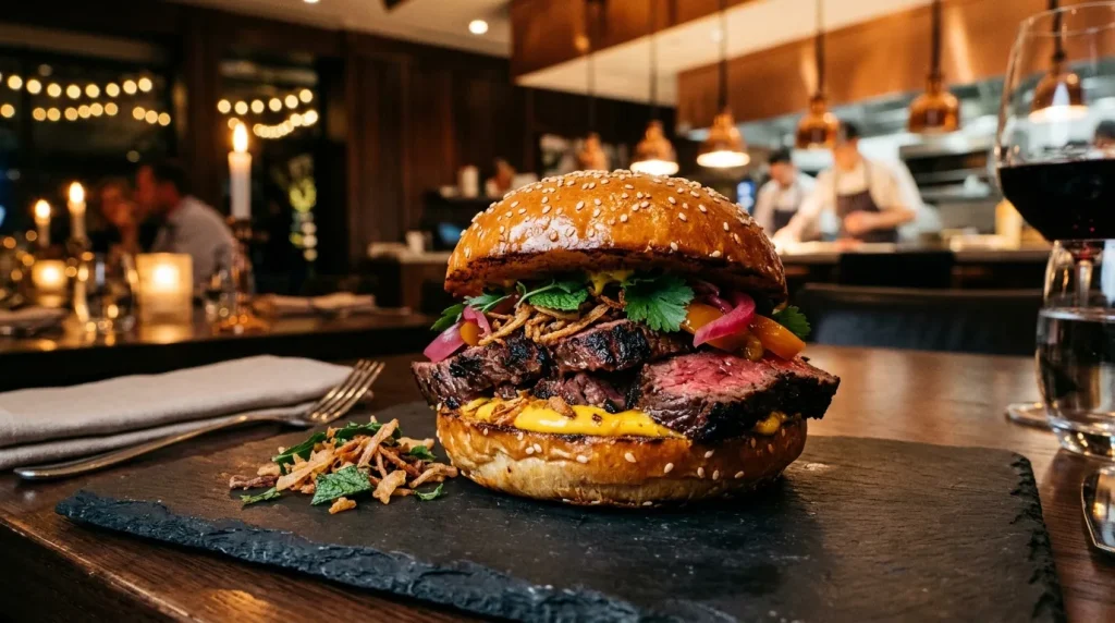 Burger premium avec viande saignante, fromage et légumes frais