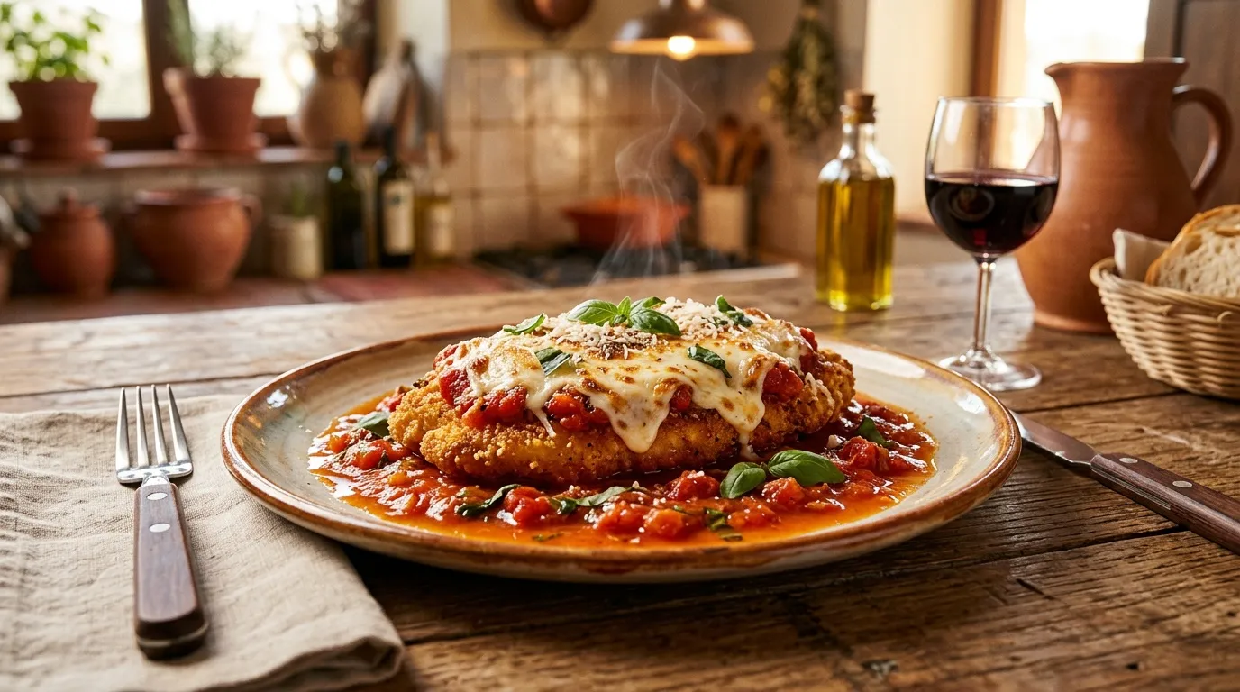 Poulet parmigiana garni fromage tomate, table rustique vin