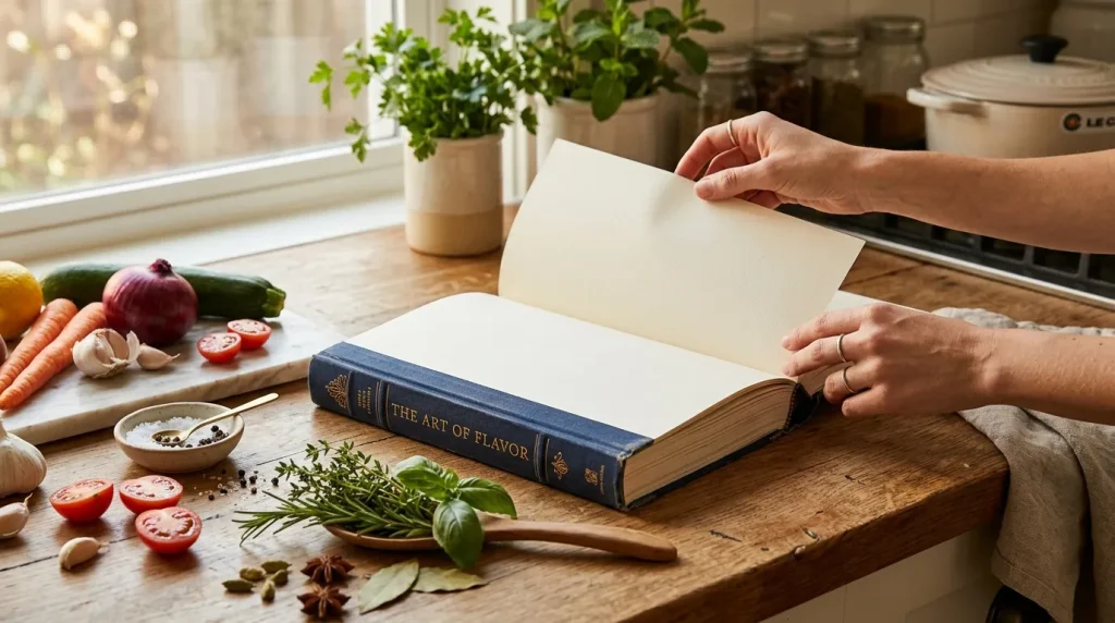 Personne feuillette un livre culinaire entouré d'ingrédients frais.
