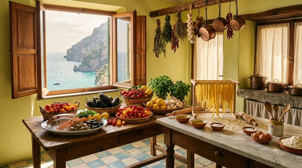 Cuisine italienne traditionnelle surplombant la côte rocheuse