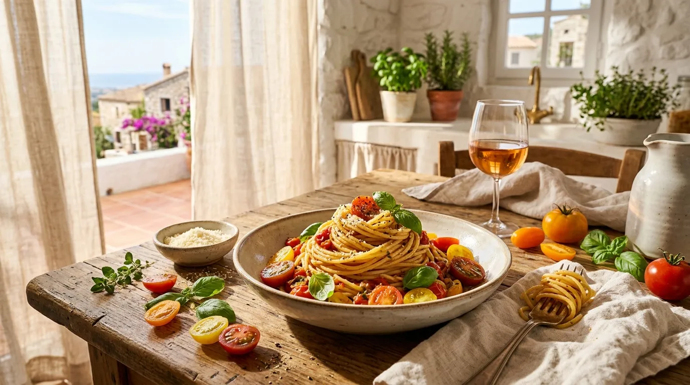 Assiette de pâtes fraîches tomates, verre vin, fenêtre panoramique