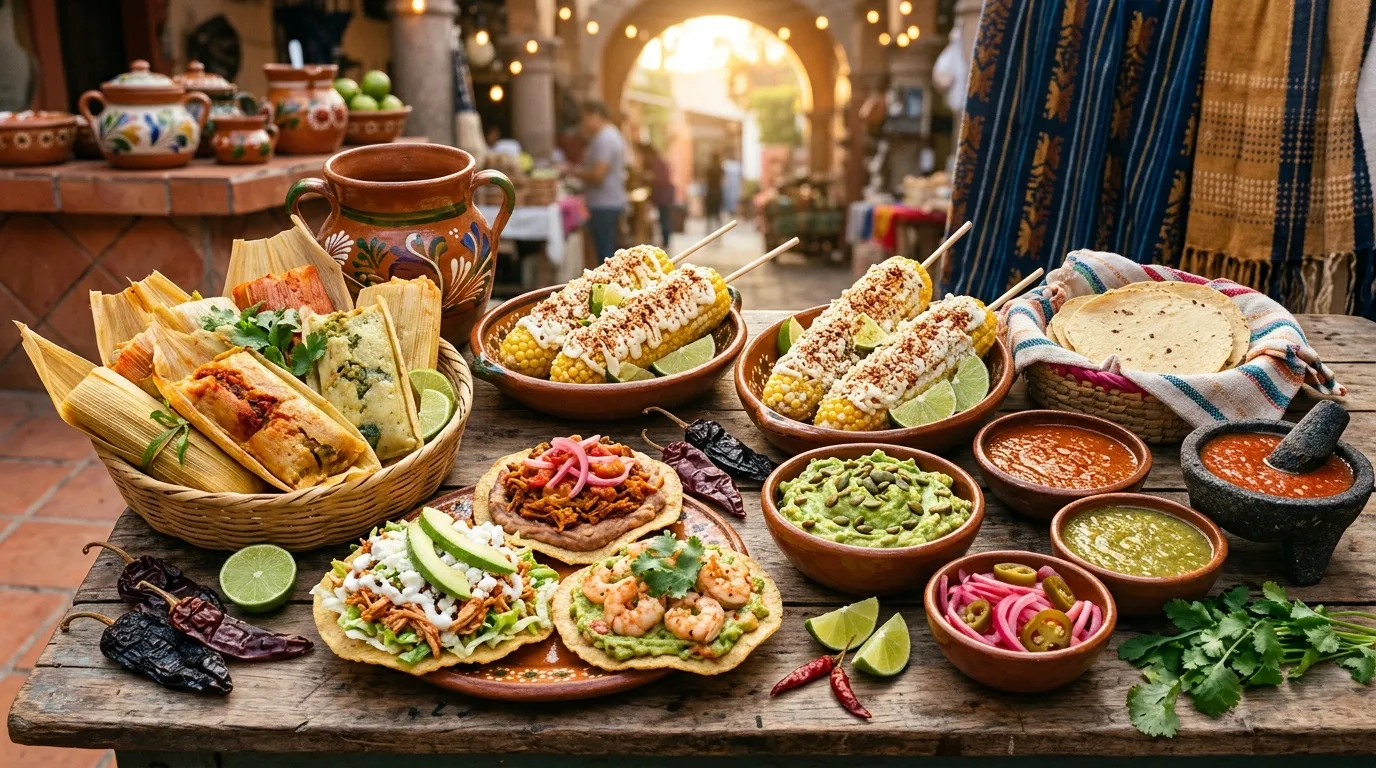 Table mexicaine avec tacos, tamales, elote et sauces colorées