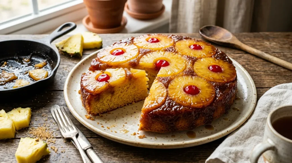 Gâteau moelleux aux ananas et cerises confites sur assiette