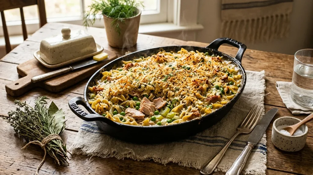 Gratin de pâtes aux légumes et viande dans un plat noir