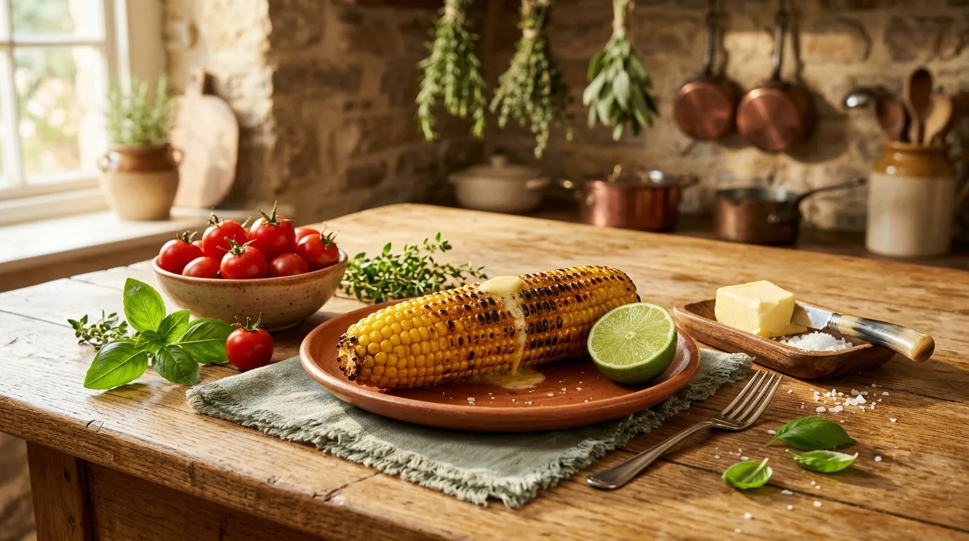 Maïs grillé avec citron, tomates et herbes fraîches sur table bois