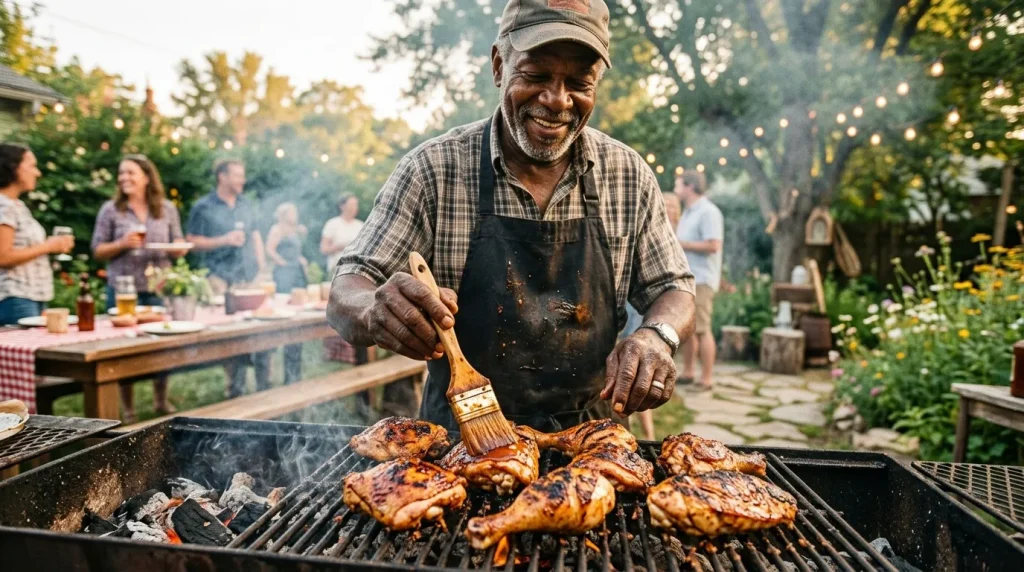 Homme grillant viandes barbecue jardin fête famille