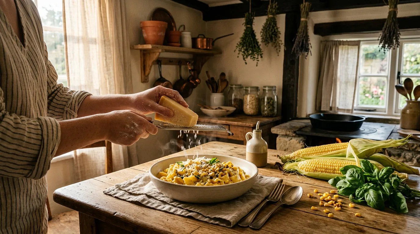Femme râpant du maïs dans une cuisine rustique et lumineuse
