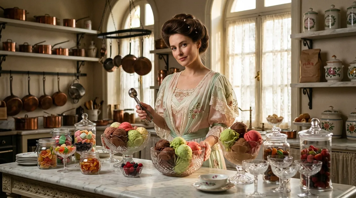Femme en robe vintage préparant des glaces colorées dans cuisine lumineuse