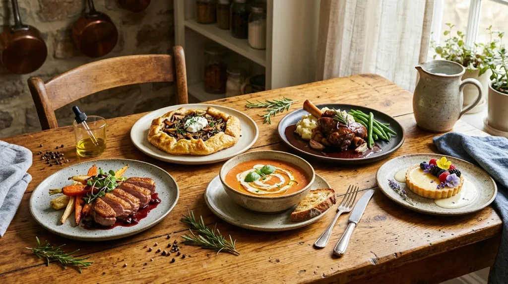 Table de bois avec cinq assiettes de plats cuisinés raffinés