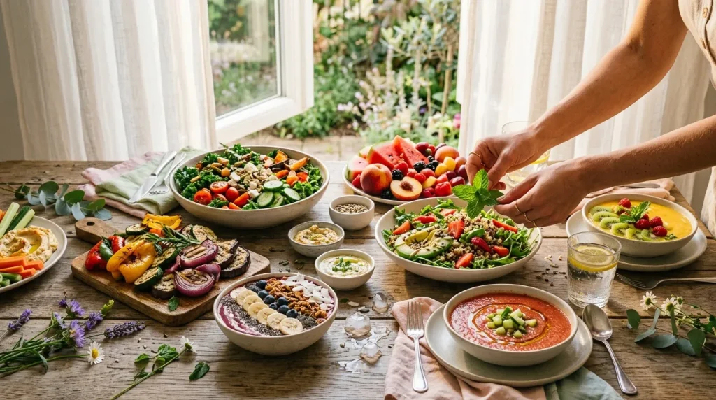 Table garnie de salades, fruits et plats végétariens frais
