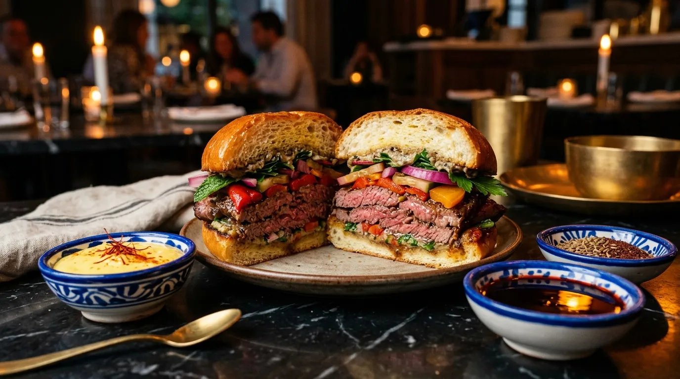 Deux burgers raffinés avec viande rosée et légumes grillés, sauces asiatiques