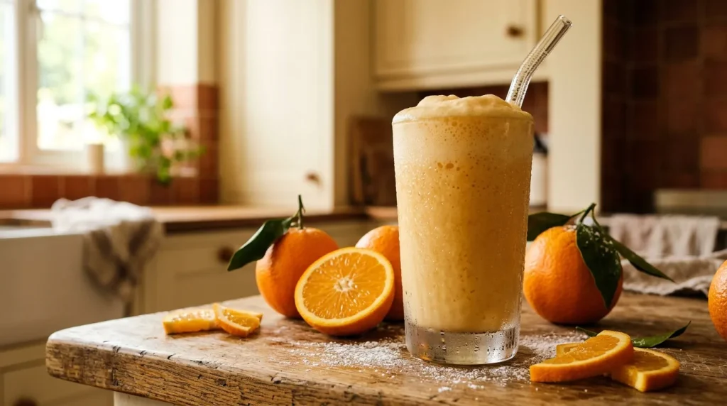 Verre de smoothie orange avec glaçons et pailles métalliques