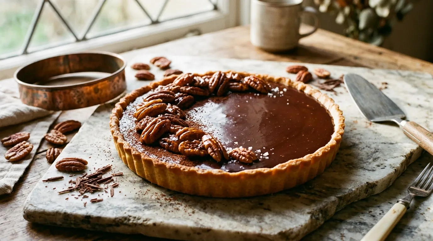 Tarte au chocolat garnie de noix de pécan entières