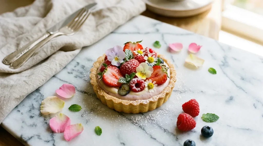Tarte décorée fruits rouges, fleurs comestibles et pétales roses