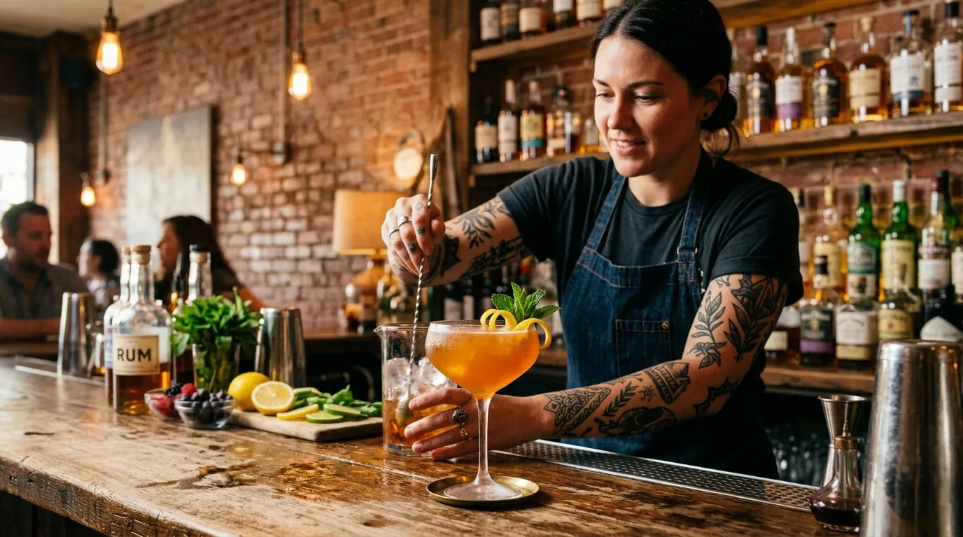 Femme bartender prépare cocktail orange dans bar élégant