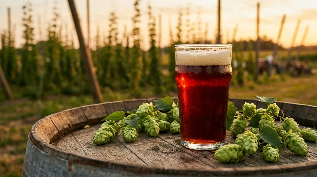 Verre de bière brune avec houblon frais sur tonneau