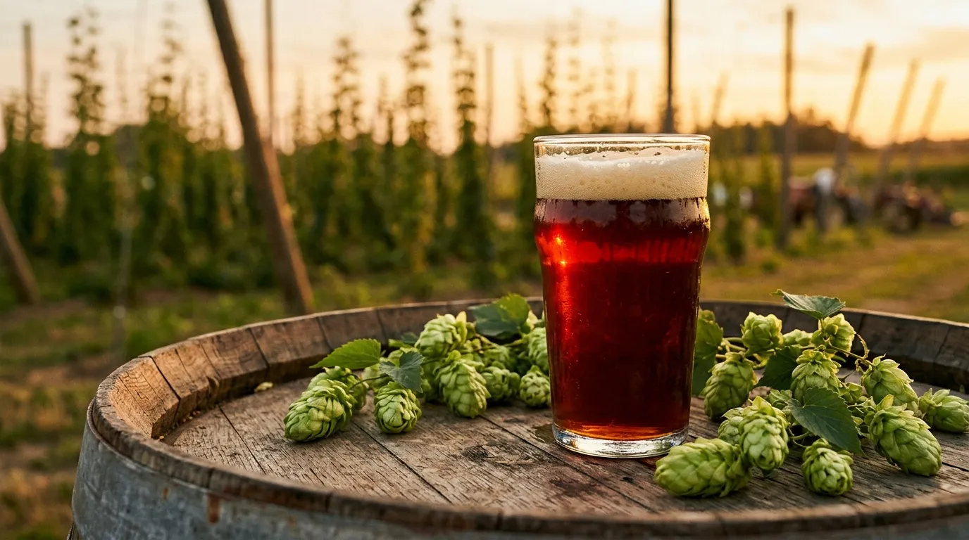 Verre de bière brune avec houblon frais sur tonneau