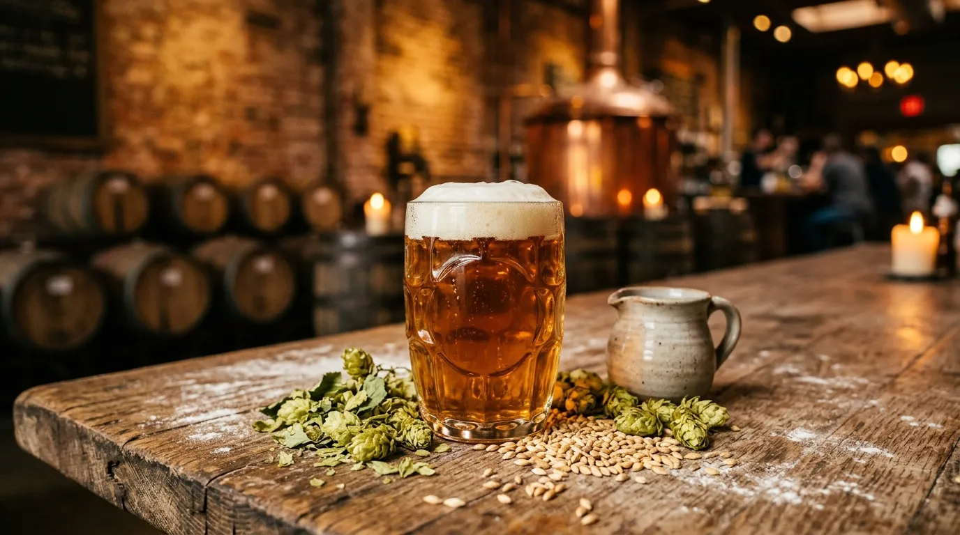 Chope de bière avec houblon et orge sur table brasserie