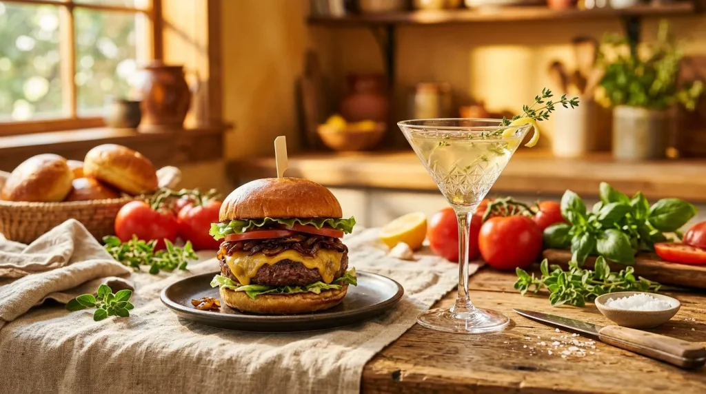 Hamburger fromage tomate avec cocktail citron herbes fraîches cuisine
