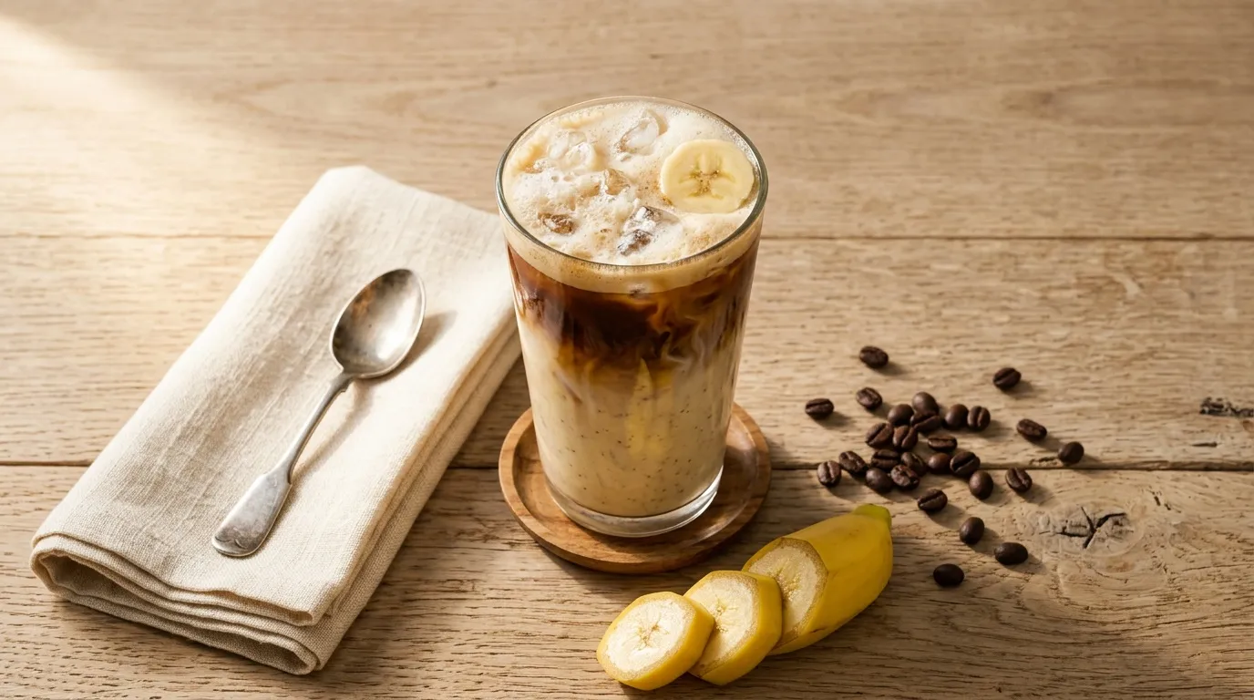 Verre de café glacé garni banane, glaçons, grains café