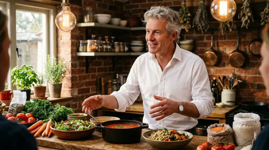 Homme blanc en chemise blanche cuisinant dans une cuisine rustique