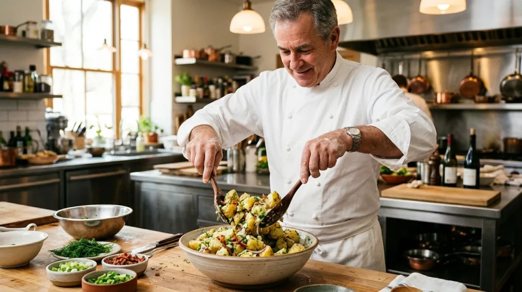 Chef en blanc dressant un plat de pommes de terre sautées
