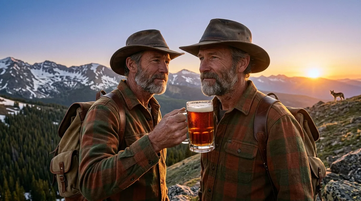 Deux hommes barbus en tenue western trinquent à la bière montagne