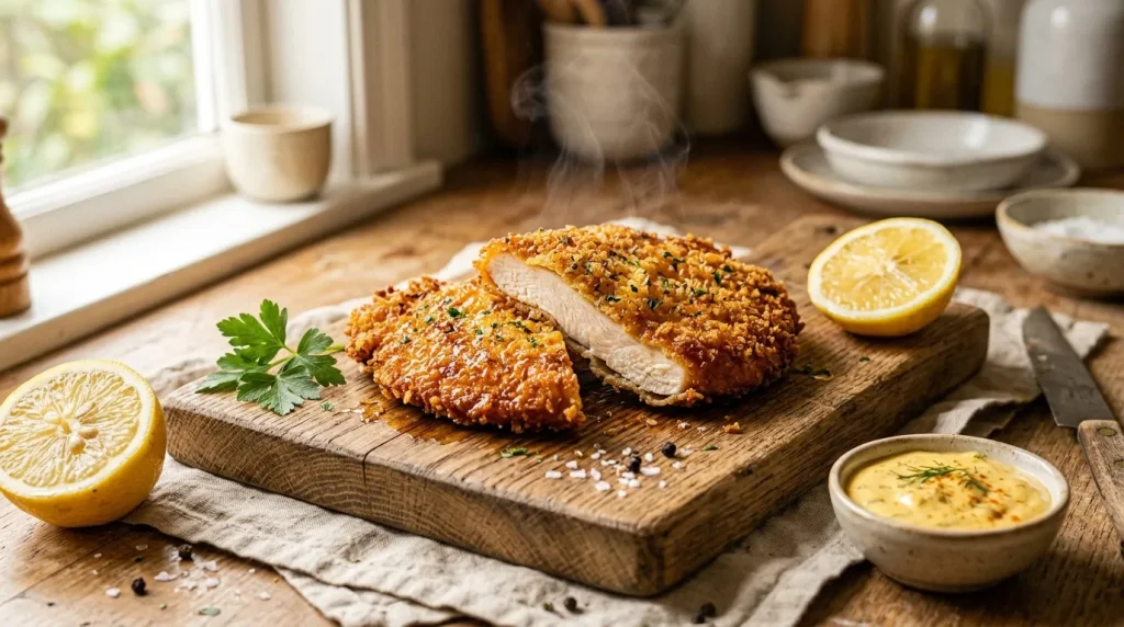 Deux escalopes dorées panées sur planche bois, citron frais