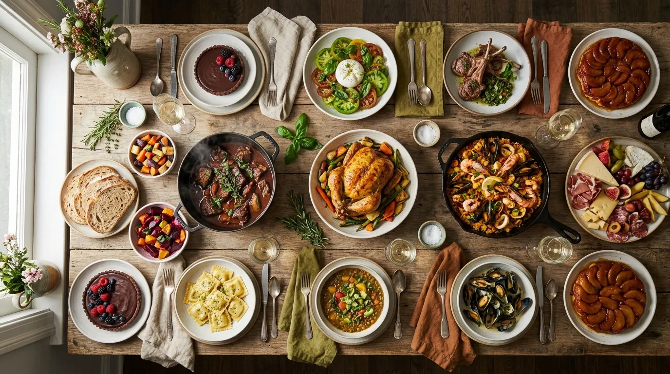 Table dressée avec multiple plats cuisinés et mise en place élégante